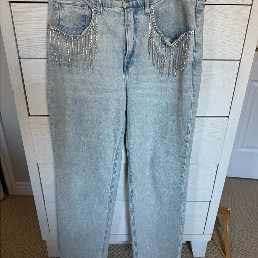 Good American 90s Diamond Fringe Embellished Straight Leg Jeans sz 12